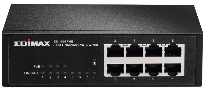 Edimax 8x 10/100Mbps Switch, 4x PoE, ext. power, 802.3af, 48W budget (15,4/p.)