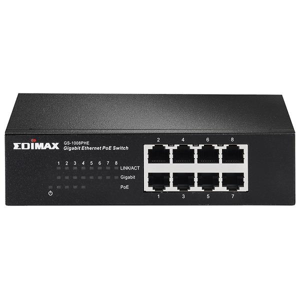 Edimax 8x 10/100/1000Mbps Switch, 4x PoE ports, 802.3af, 48W budget (15,4/p.)
