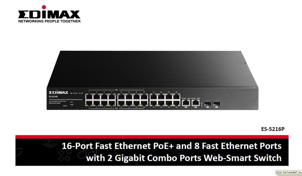 Edimax 16 Port Fast Ethernet PoE+ and 8 Fast Ethernet ports with 2 Gigabit Combo
