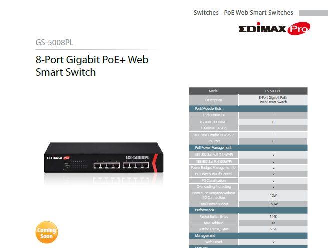 Edimax 8port Gigabit PoE+Web Smart Switch