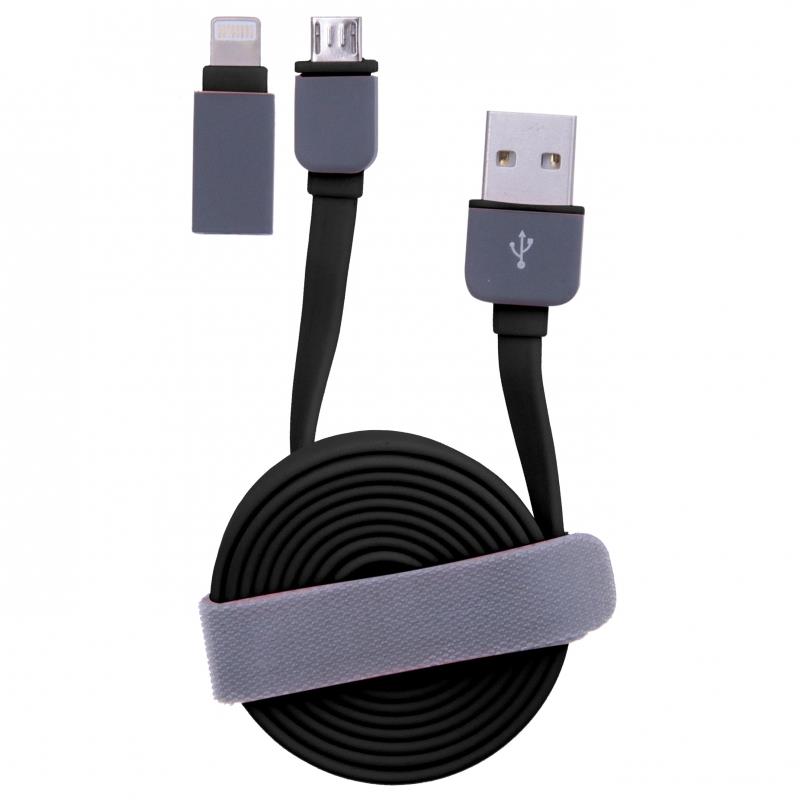 GT kabel USB/micro USB + adaptÃ©r pro iPhone 5 HQ plochÃ½ 1m ÄernÃ½