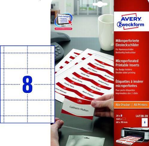 Micro-perforated name badges; A4, 20 sheets/pckg, 60 x 90 mm, white, 160 pcs