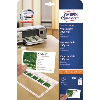 Business cards, one-side printable matt, white, 200g ink, laser 85 x 54