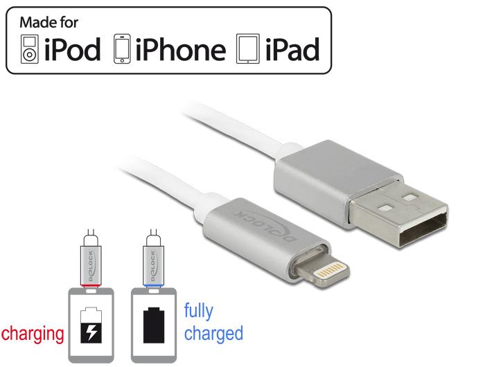 Delock USB data and power cable for iPhone, iPad, iPod 1m white with LED indicat