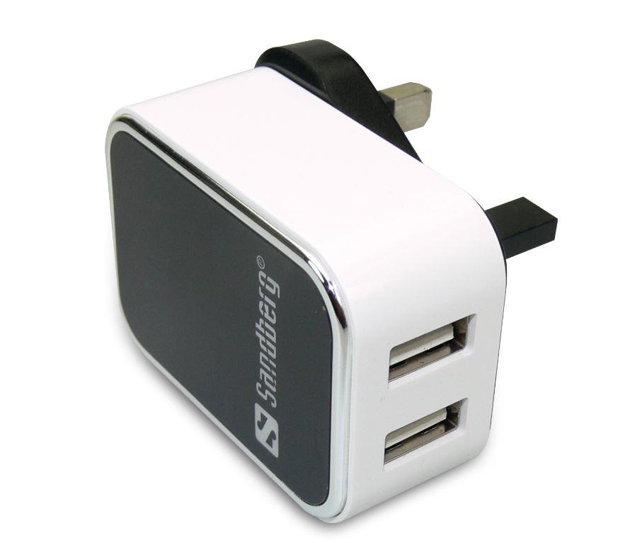 Sandberg dual USB AC adaptÃ©r, max 2000mA, UK standard
