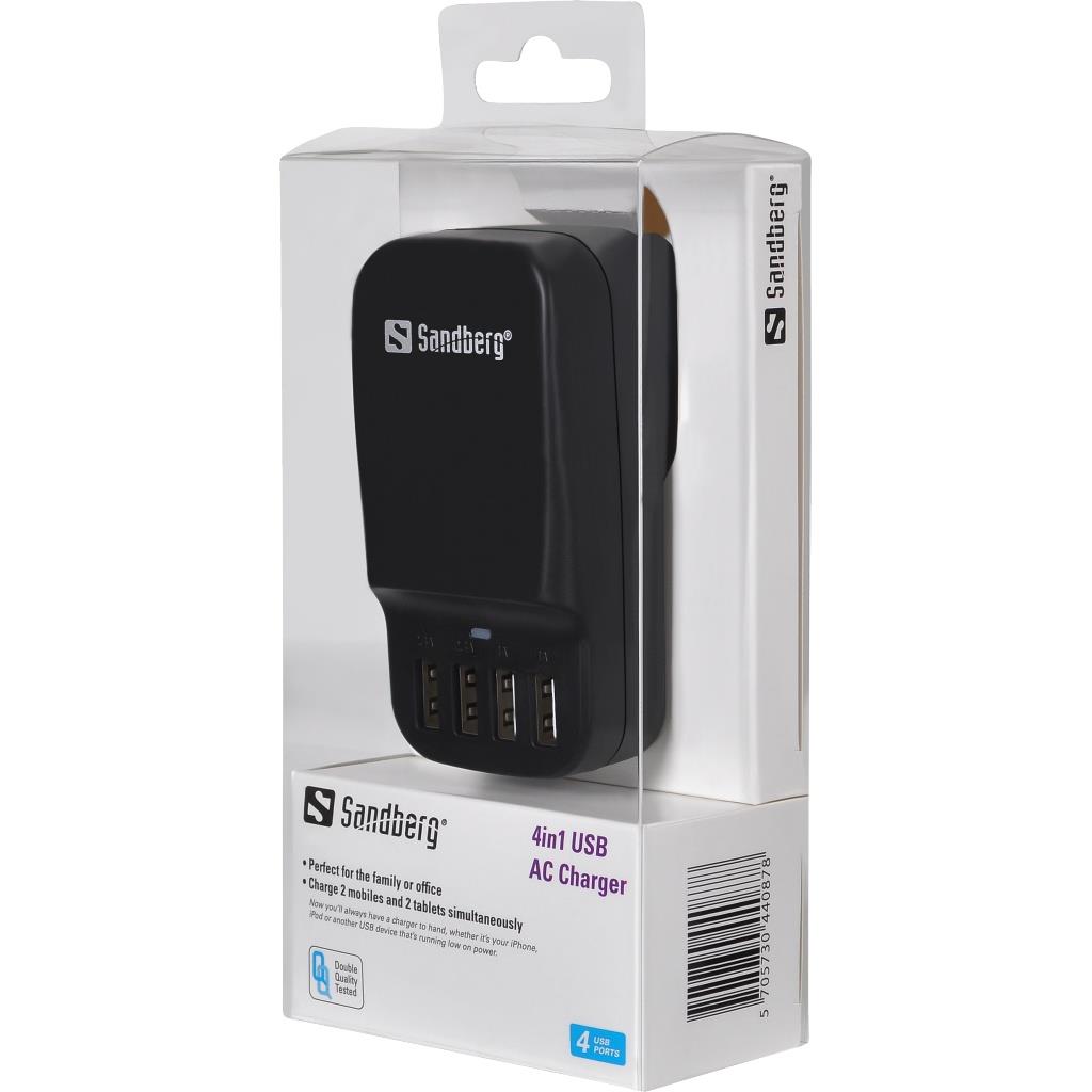 Sandberg USB AC napÃ¡jecÃ­ adaptÃ©r, 4v1, EU + UK standard, ÄernÃ½
