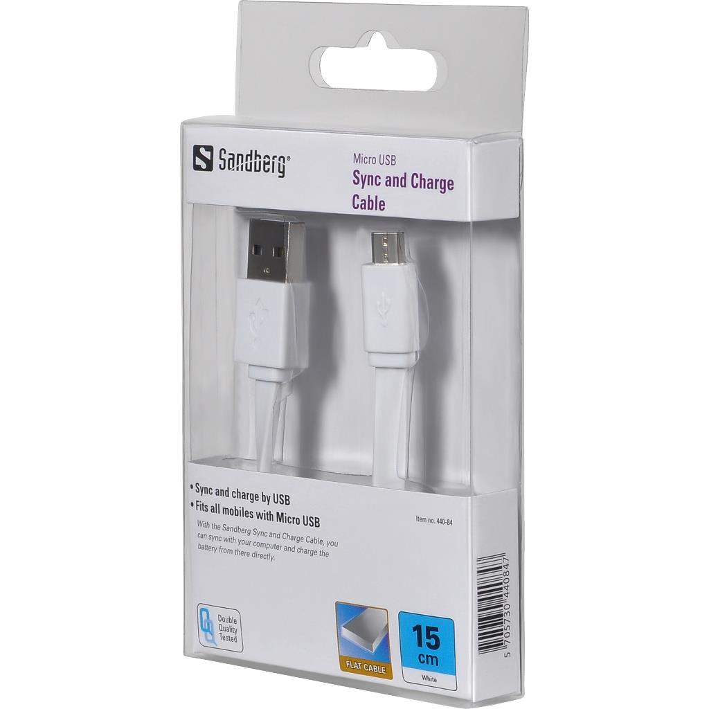 Sandberg synchronizaÄnÃ­ a napÃ¡jecÃ­ kabel, Micro USB, plochÃ½, 0.15m, bÃ­lÃ½