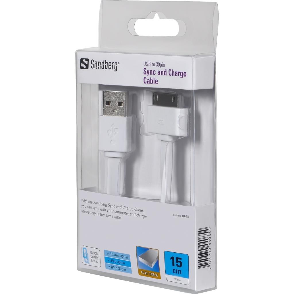 Sandberg synchronizaÄnÃ­ a napÃ¡jecÃ­ kabel, USB > Apple 30pin, plochÃ½, 15cm, bÃ­lÃ½