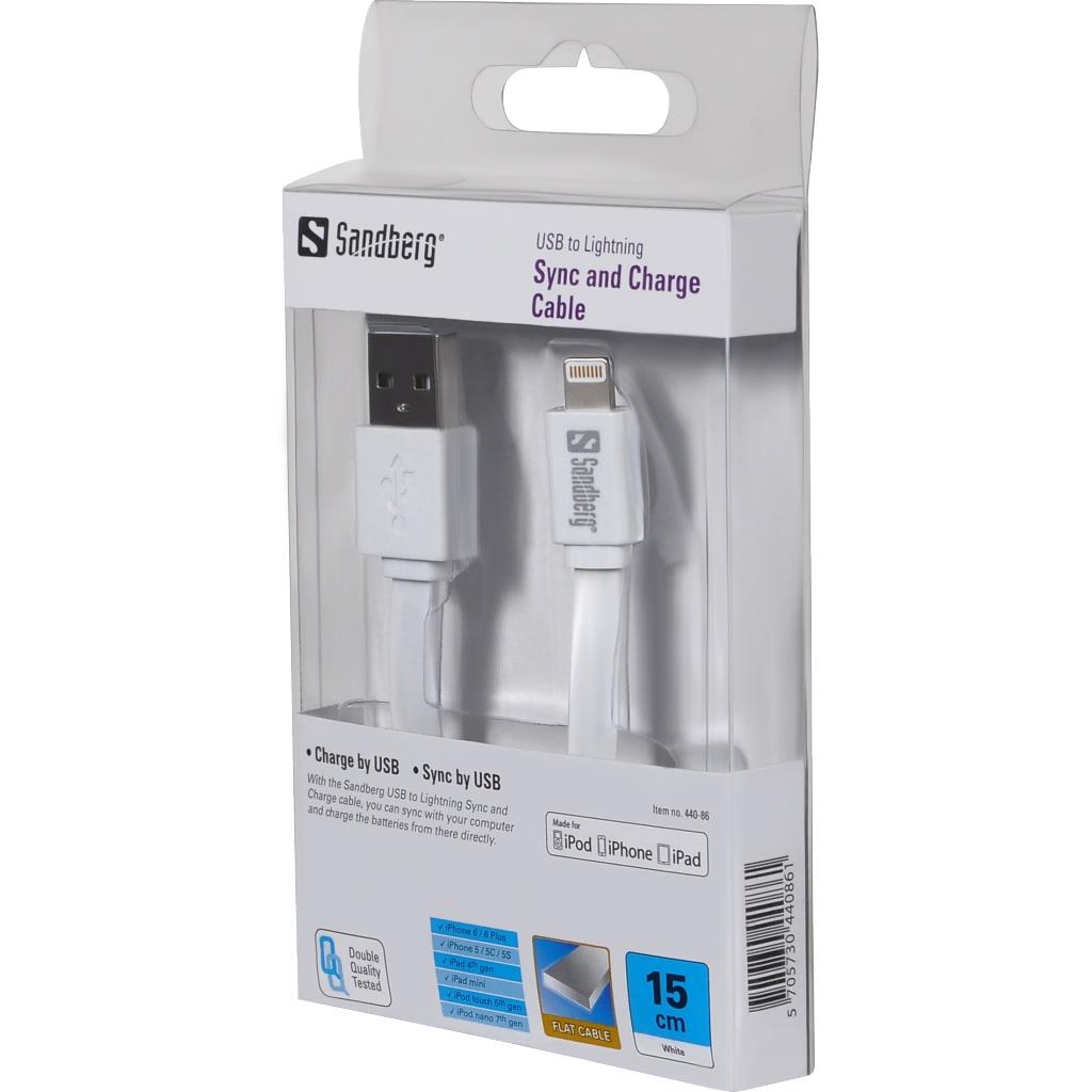 Sandberg synch. a napÃ¡jecÃ­ kabel, USB > Apple Lightning, plochÃ½, 15cm, bÃ­lÃ½