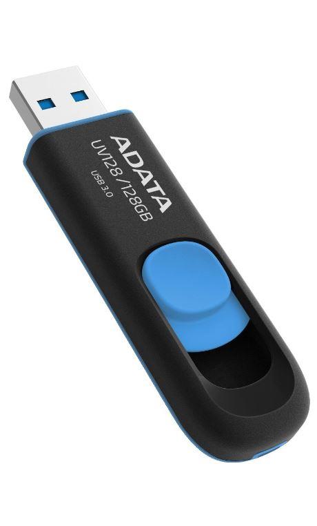 ADATA DashDriveâ¢ Series UV128 128GB USB 3.0 flashdisk, vÃ½suvnÃ½, ÄernÃ½+modrÃ¡