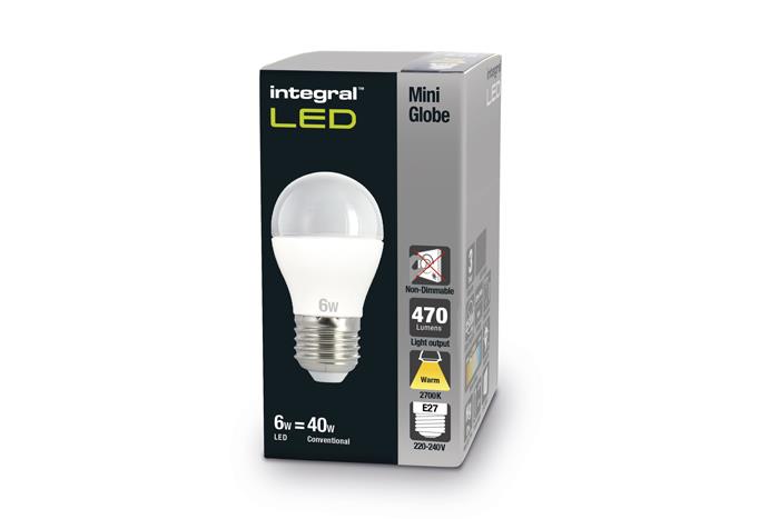 Integral LED E27 470Lumens 6W eq. to 40W 2700k 80cri 140Â° Frosted